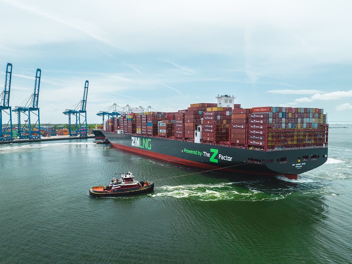 The Capt. Jim McAllister works on the stern of LNG powered Zim Sammy Ofer, while the Jeffrey and Margaret McAllister work the bow.